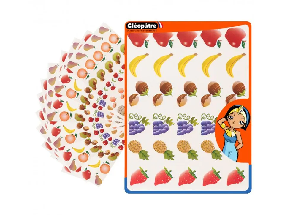 Gommette fantaisie cleopatre fruits 6 motifs 720 gommettes pochette de 24 planches a5