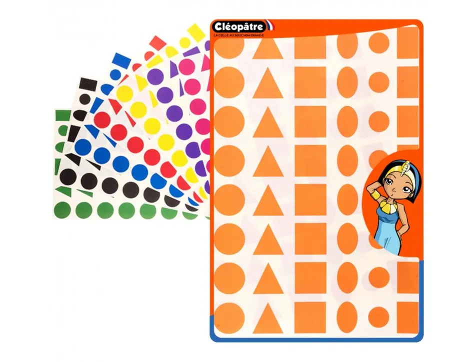 Gommette geometrique cleopatre repositionnable planche a4 5 formes 8 couleurs assorties 2304
