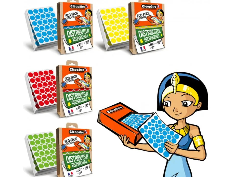 Gommette geometrique cleopatre diam 18mm 4 coloris assortis ecopack de 4 boites 7200 gommettes + 4800 8mm