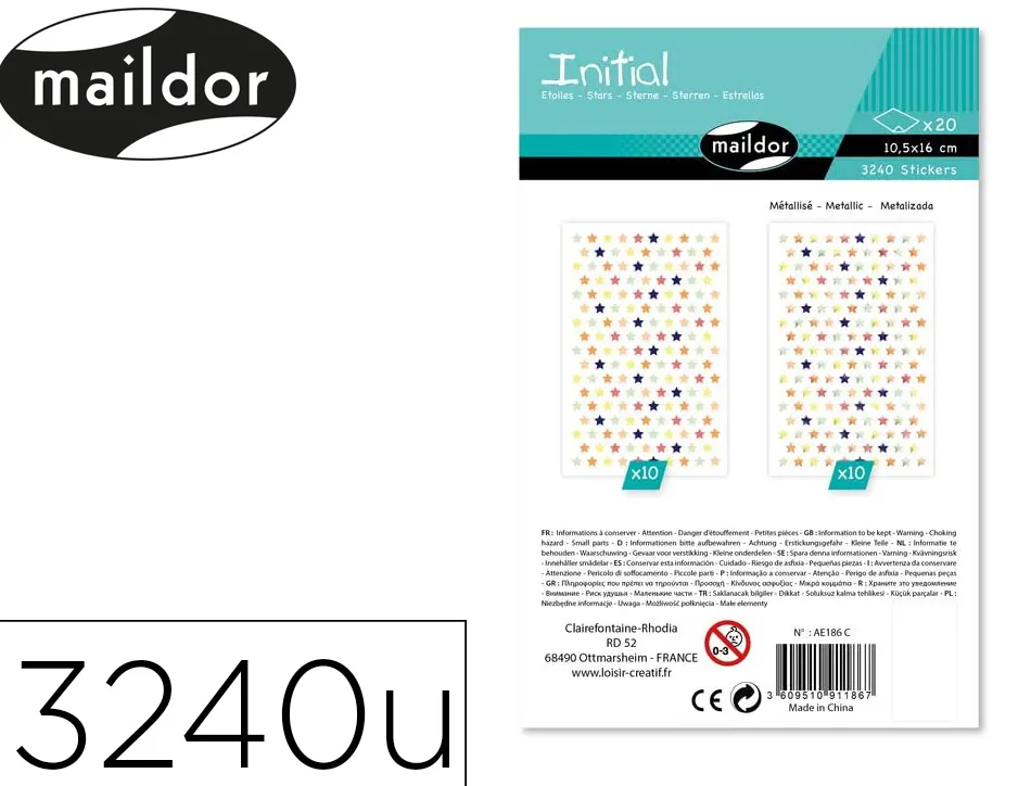 Gommette mini etoile maildor 10,5x16cm coloris assortis metallise et pastel sachet 20 planches 3240 unites