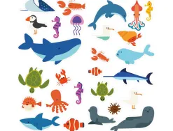 Gommettes animaux mer plage adhesif repositionnable echenillees 40mm feuilles predecoupees 240 gommettes