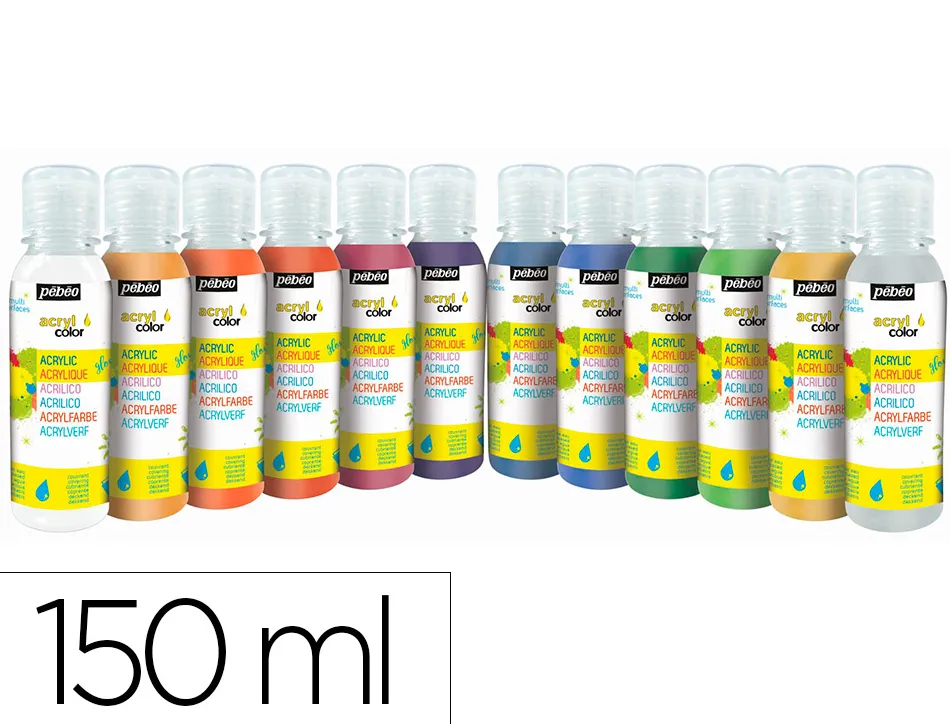 Gouache acrylique pebeo acrylcolor tous supports coloris assortis pailletes lot 12 flacons x 150ml