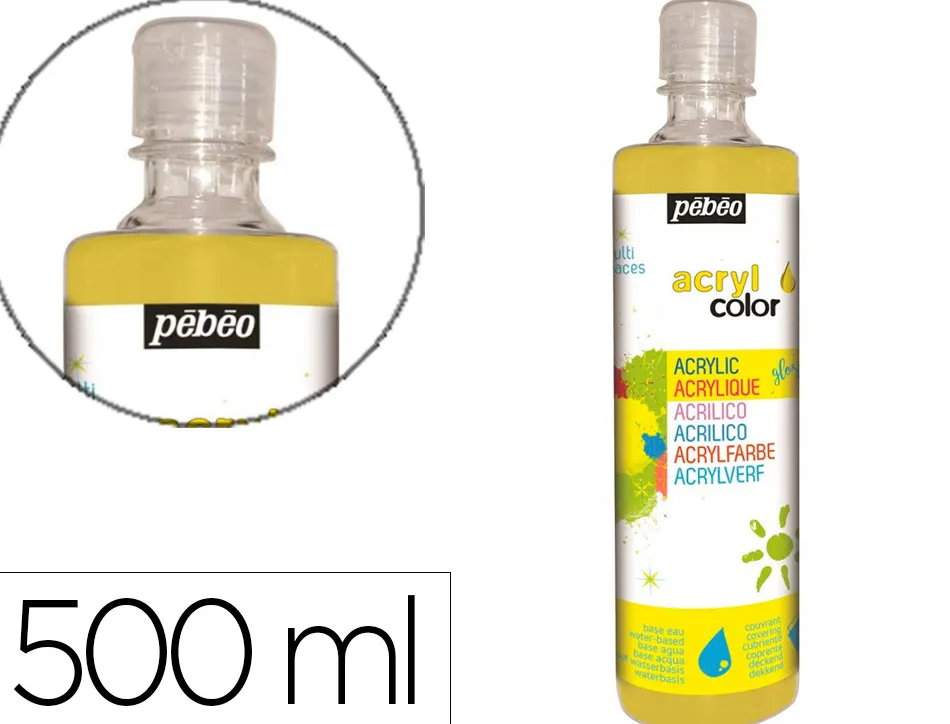 Gouache acrylique pebeo acrycolor indelebile couvrante brillante miscible tout support jaune primaire flacon 500ml