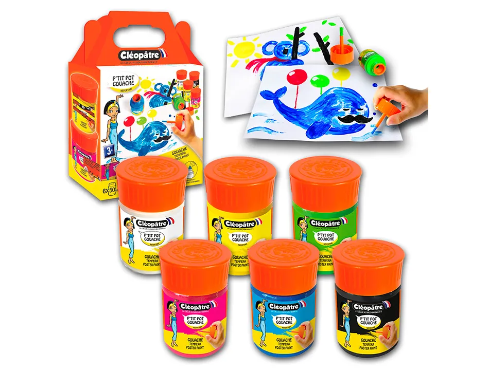 Gouache cleopatre lot de 6 ptit pots de 50 ml avec pinceau et entonnoir int gr coloris assortis