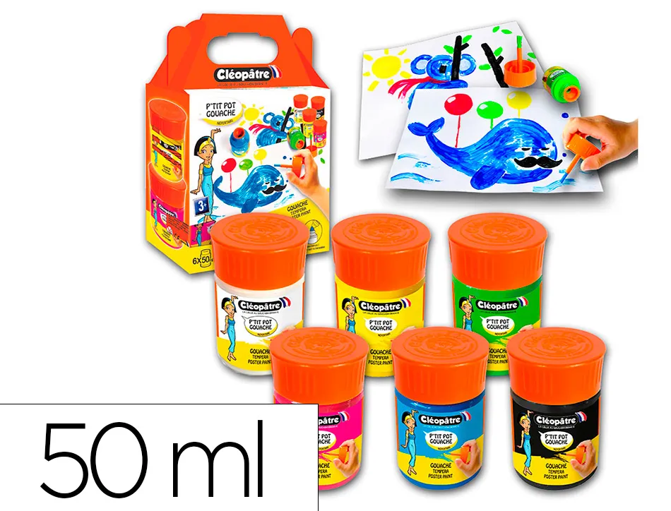 Gouache cleopatre lot de 6 ptit pots de 50 ml avec pinceau et entonnoir int gr coloris assortis