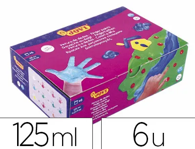 Gouache doigt jovi base eau coloris assortis jaune/bleu/blanc/marron/rouge/vert pot 125ml coffret 6 unités
