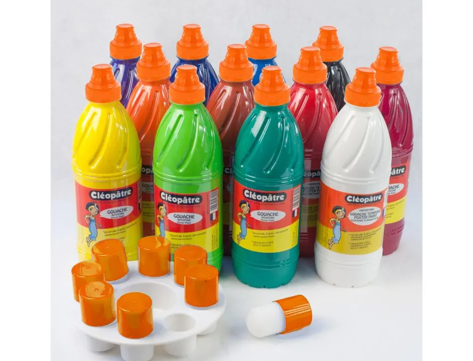Gouache liquide cleopatre nefertari 1l + palette + 8 pinceaux pochoirs assortiment de 12 unites
