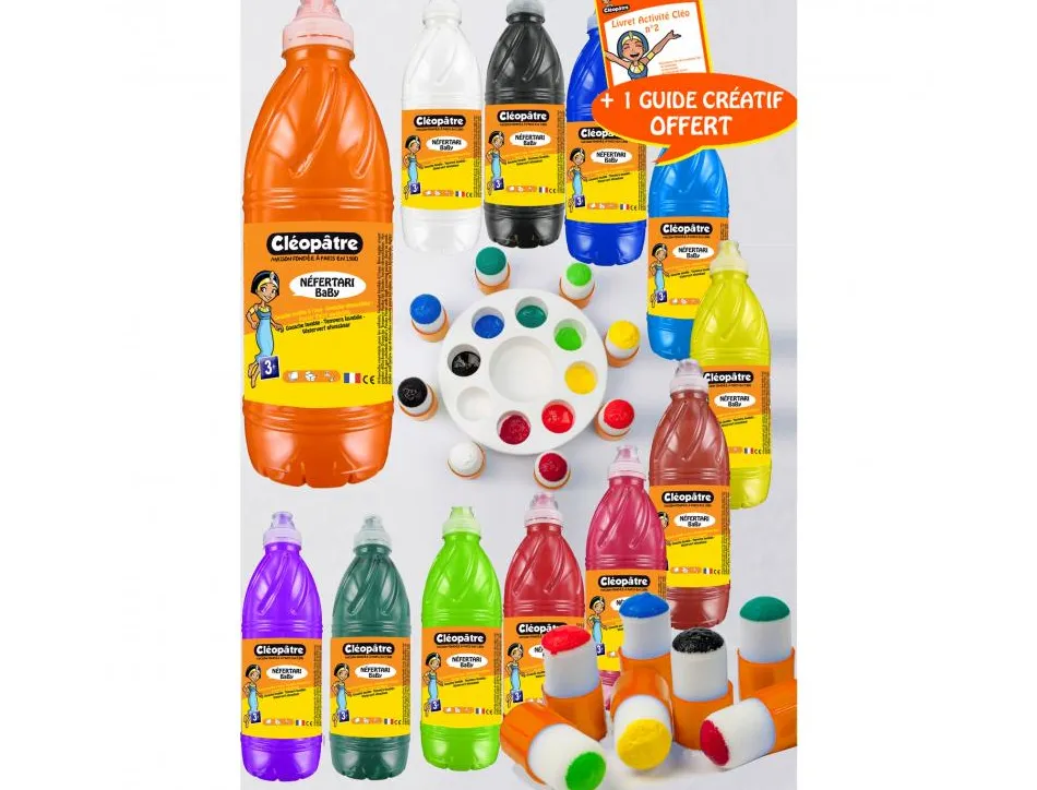 Gouache liquide cleopatre nefertari 1l + palette + 8 pinceaux pochoirs assortiment de 12 unites