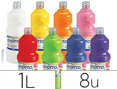Gouache liquide giotto prête à l'emploi pigments riches couvrante crémeuse coloris assortis boîte 8 flacons 1000ml