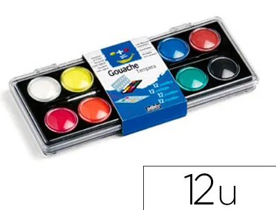 Gouache pébéo pastille 30mm diamètre boîte 12 coloris + 1 pinceau