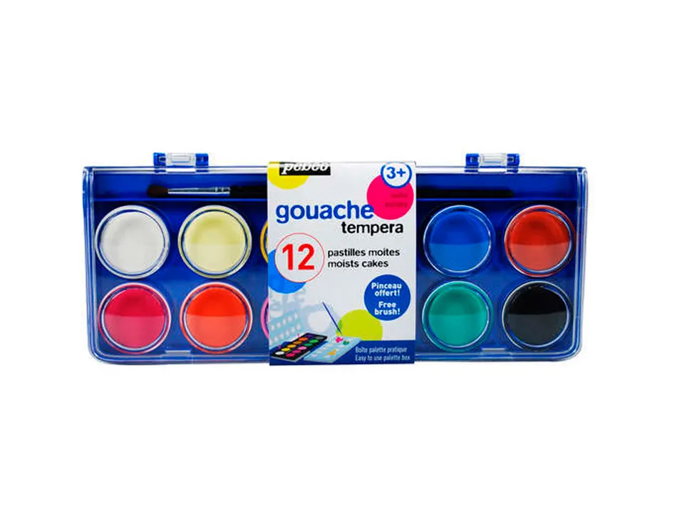 Gouache pébéo pastille 30mm diamètre boîte 12 coloris + 1 pinceau