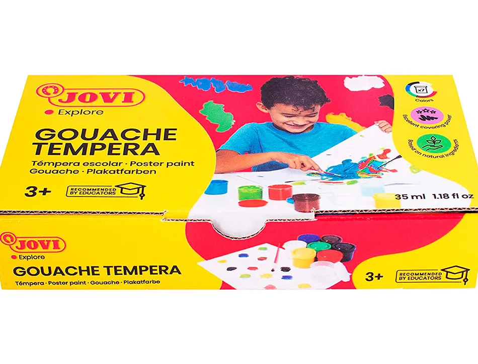 Gouache scolaire jovi a base d'eau couleur assorties 6 pots de 35 ml + pinceau+ pot pour l'eau
