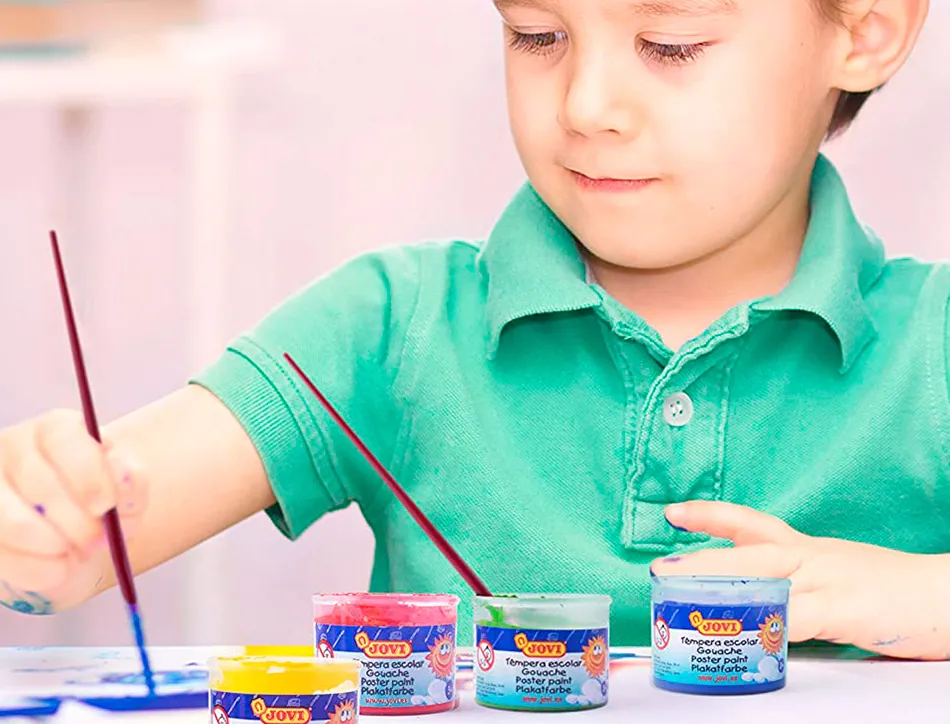 Gouache scolaire jovi a base d'eau couleur assorties 6 pots de 35 ml + pinceau+ pot pour l'eau