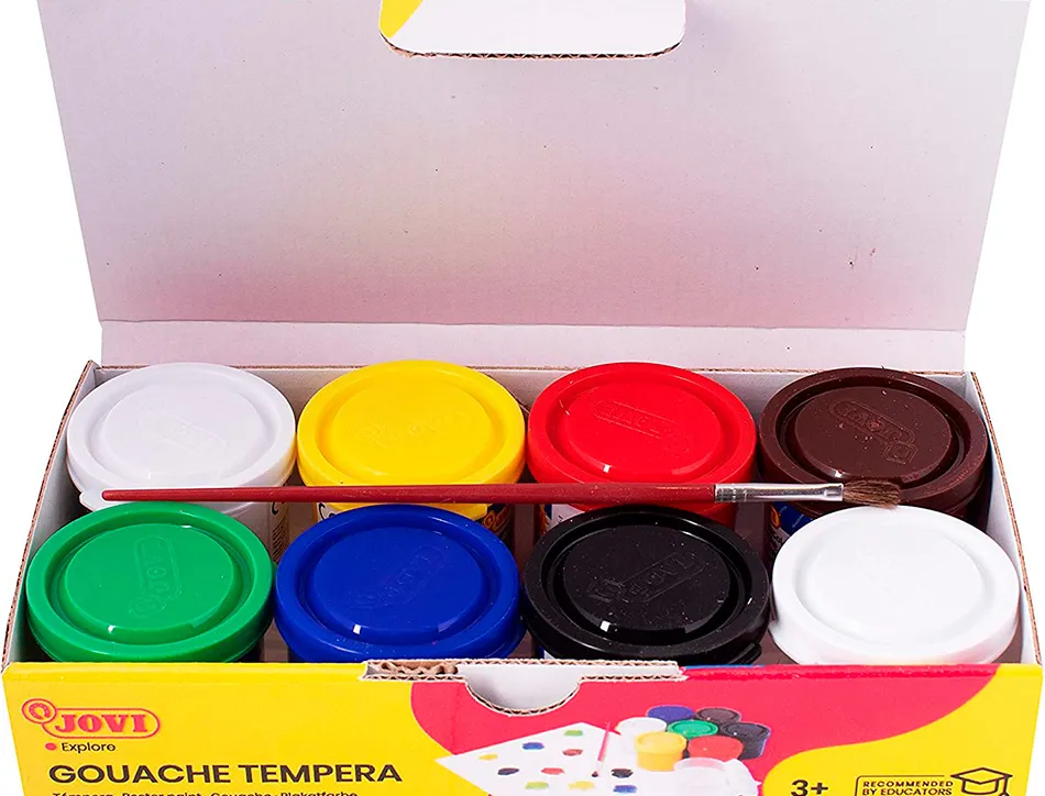 Gouache scolaire jovi a base d'eau couleur assorties 6 pots de 35 ml + pinceau+ pot pour l'eau