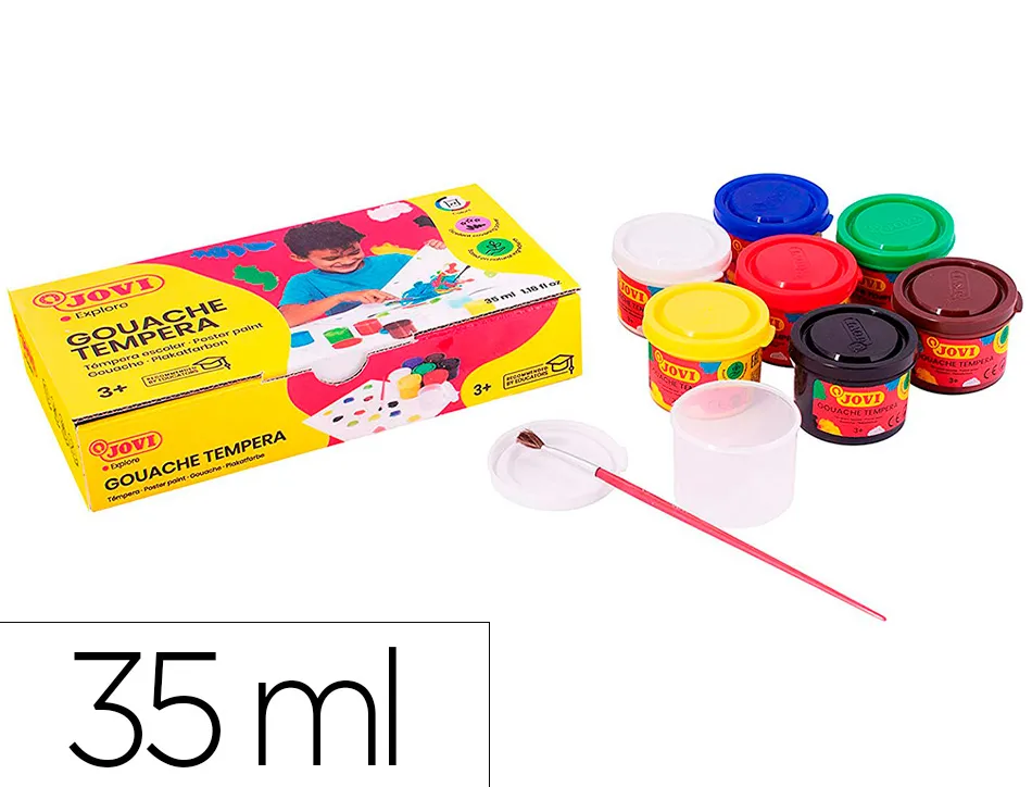 Gouache scolaire jovi a base d'eau couleur assorties 6 pots de 35 ml + pinceau+ pot pour l'eau