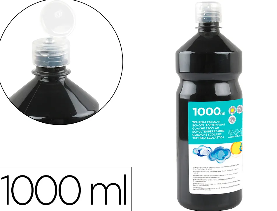 Gouache scolaire liderpapel liquide lavable fermeture sécurité brillante coloris noir flacon 1000ml