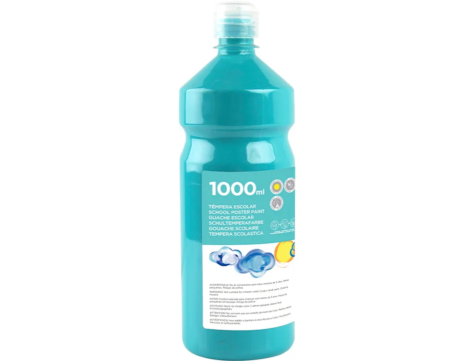 Gouache scolaire liderpapel liquide lavable fermeture sécurité brillante coloris turquoise flacon 1000ml