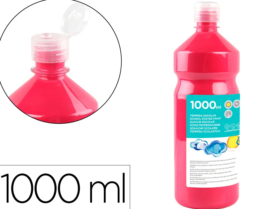 Gouache scolaire liderpapel liquide lavable fermeture sécurité brillante coloris fuchsia flacon 1000ml