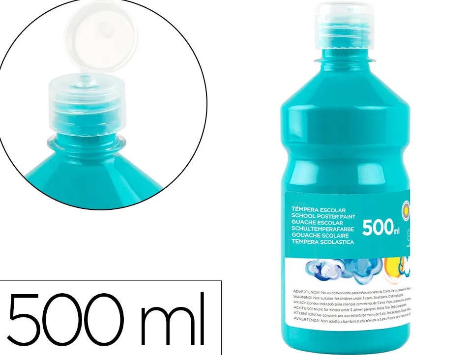 Gouache scolaire liderpapel liquide lavable fermeture sécurité brillante coloris turquoise flacon 500ml