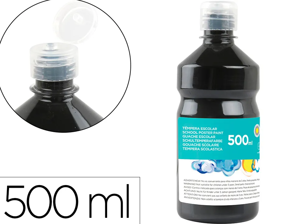 Gouache scolaire liderpapel liquide lavable fermeture sécurité brillante coloris noir flacon 500ml