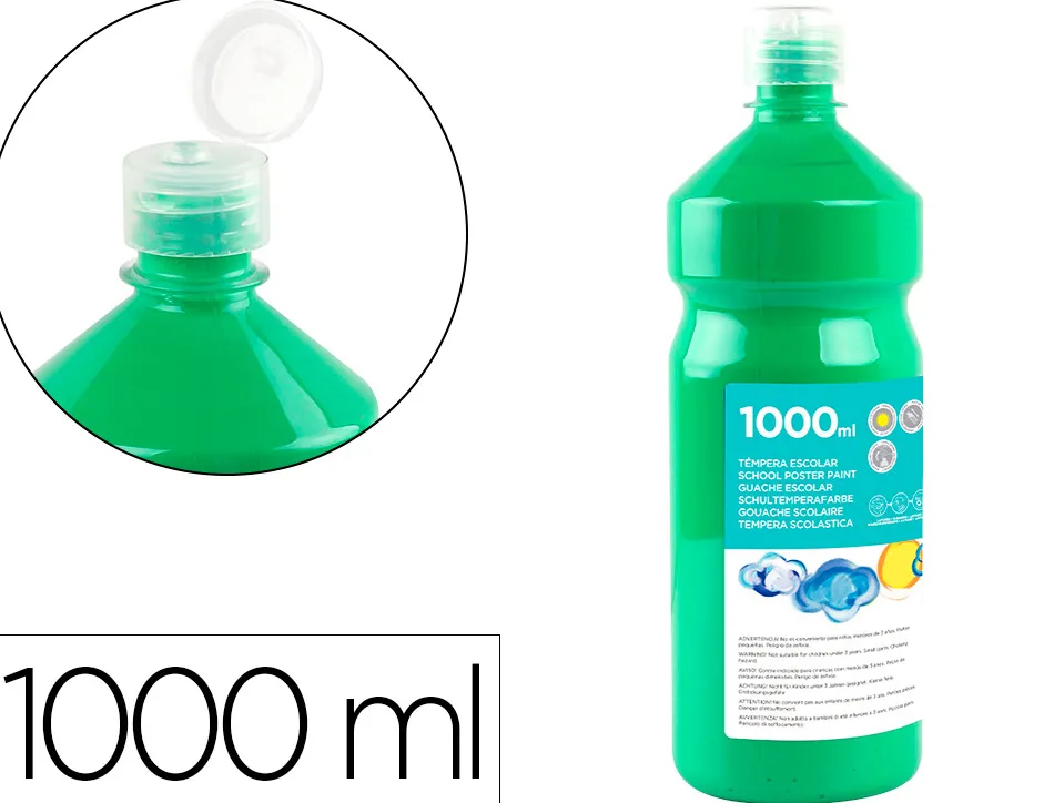 Gouache scolaire liderpapel liquide lavable fermeture sécurité brillante coloris vert flacon 1000ml