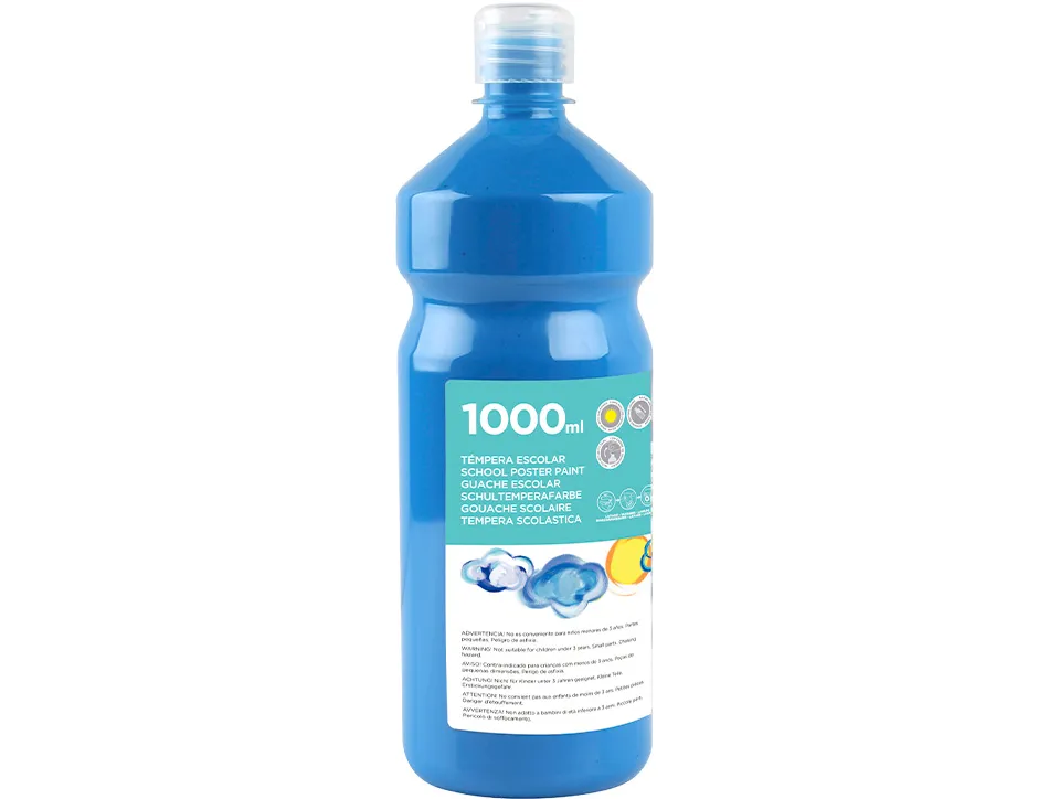 Gouache scolaire liderpapel liquide lavable fermeture sécurité brillante coloris bleu flacon 1000ml