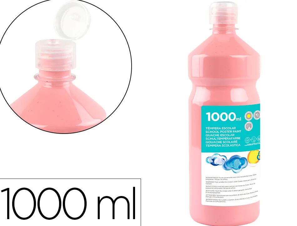 Gouache scolaire liderpapel liquide lavable fermeture sécurité brillante coloris rose flacon 1000ml