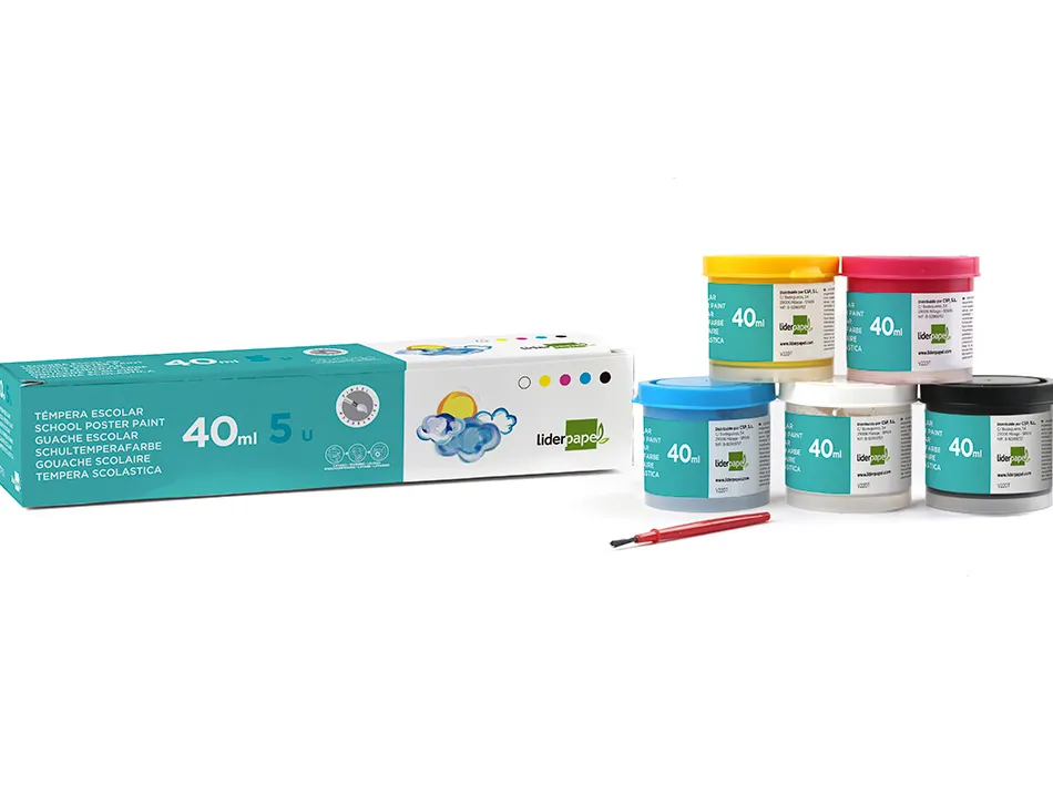 Gouache scolaire liderpapel 5 coloris assortis + pinceau pot 40ml
