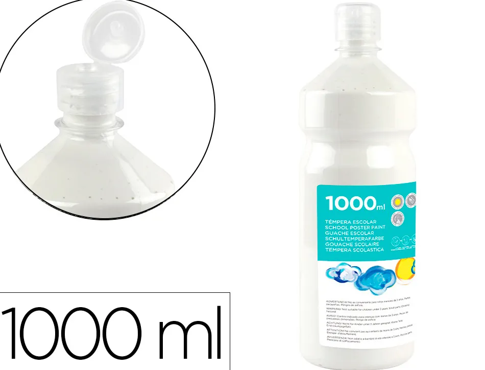Gouache scolaire liderpapel liquide lavable fermeture sécurité brillante coloris blanc flacon 1000ml