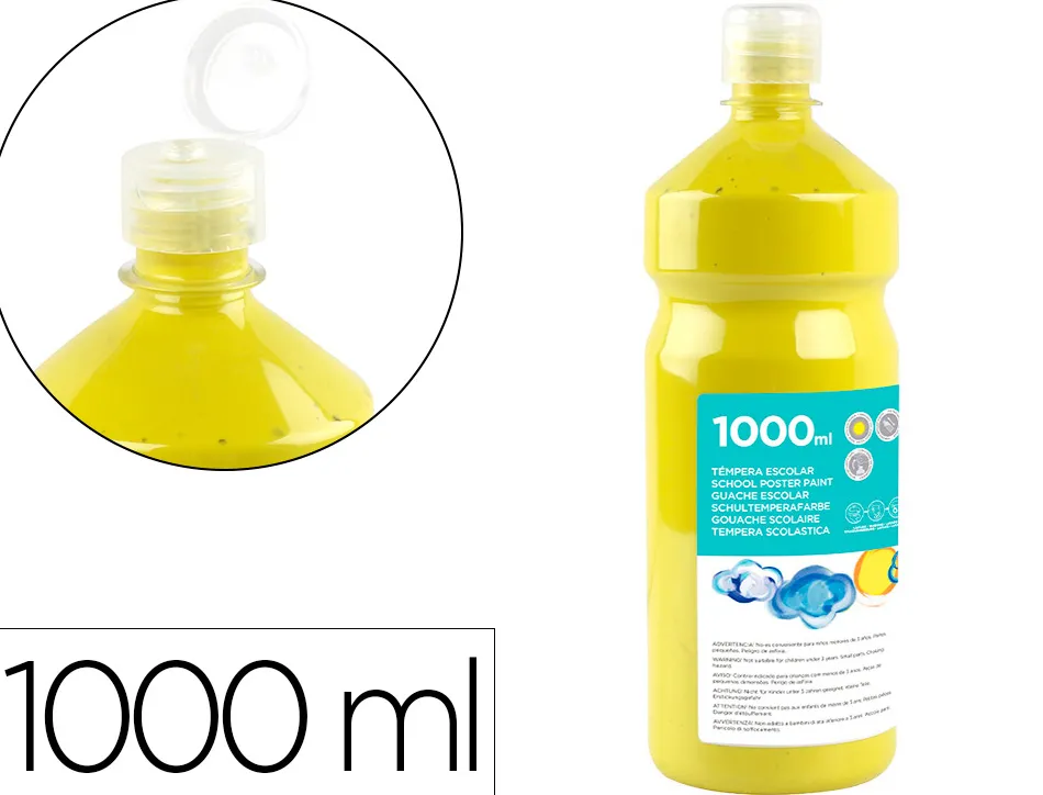 Gouache scolaire liderpapel liquide lavable fermeture sécurité brillante coloris jaune citron flacon 1000ml