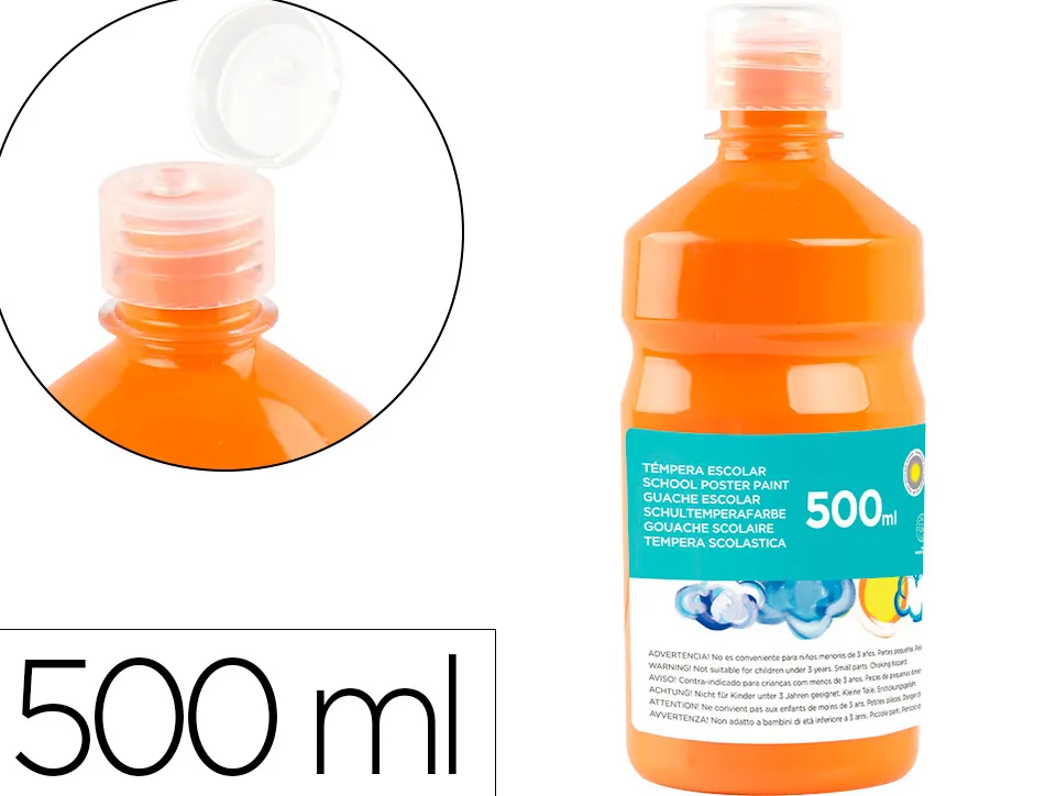 Gouache scolaire liderpapel liquide lavable fermeture sécurité brillante coloris orange 500ml