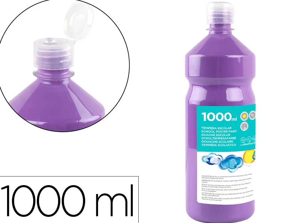 Gouache scolaire liderpapel liquide lavable fermeture sécurité brillante coloris lilas flacon 1000ml