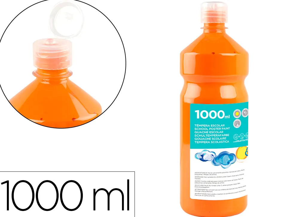 Gouache scolaire liderpapel liquide lavable fermeture sécurité brillante coloris orange 1000ml