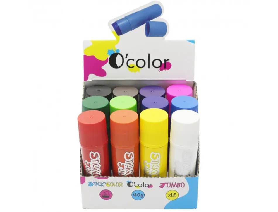 Gouache solide o color stick xxl sechage ultra rapide tous supports 40g coloris assortis etui de 12 unites