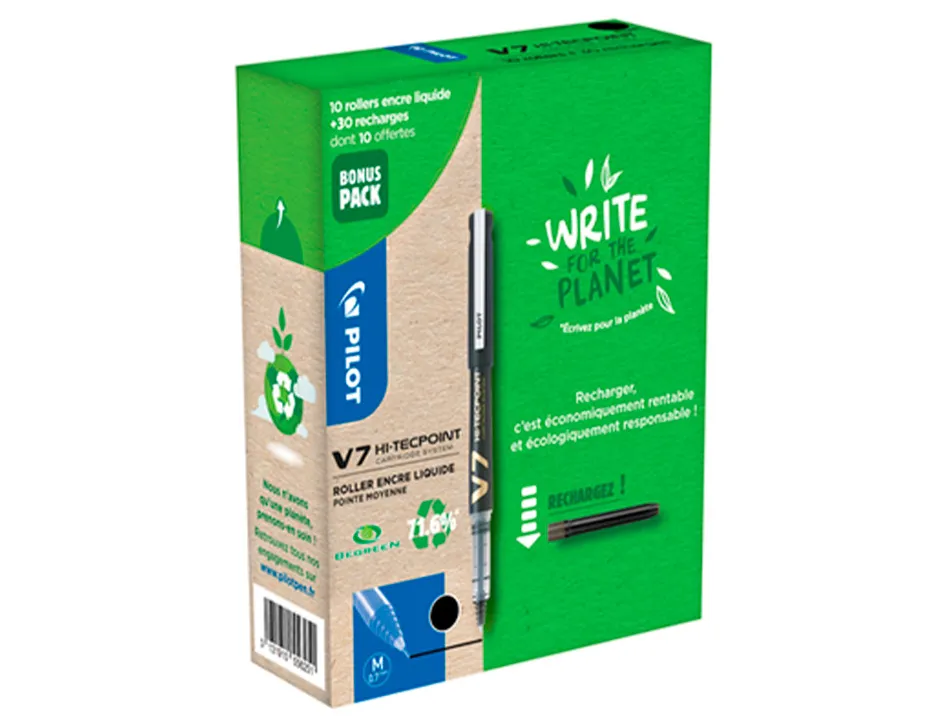 Greenball roller encre liquide 10 stylos + 10 recharges pointe moyenne noir