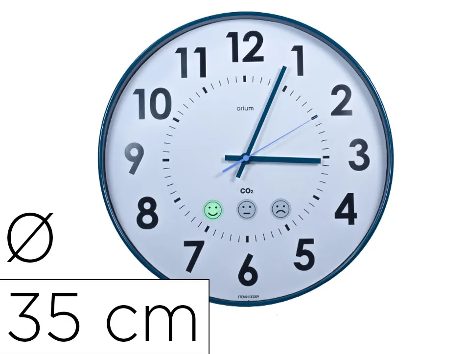 Horloge co2 cep diametre 35cm affiche heure format analogique et niveau qualite air coloris blanc et bleu