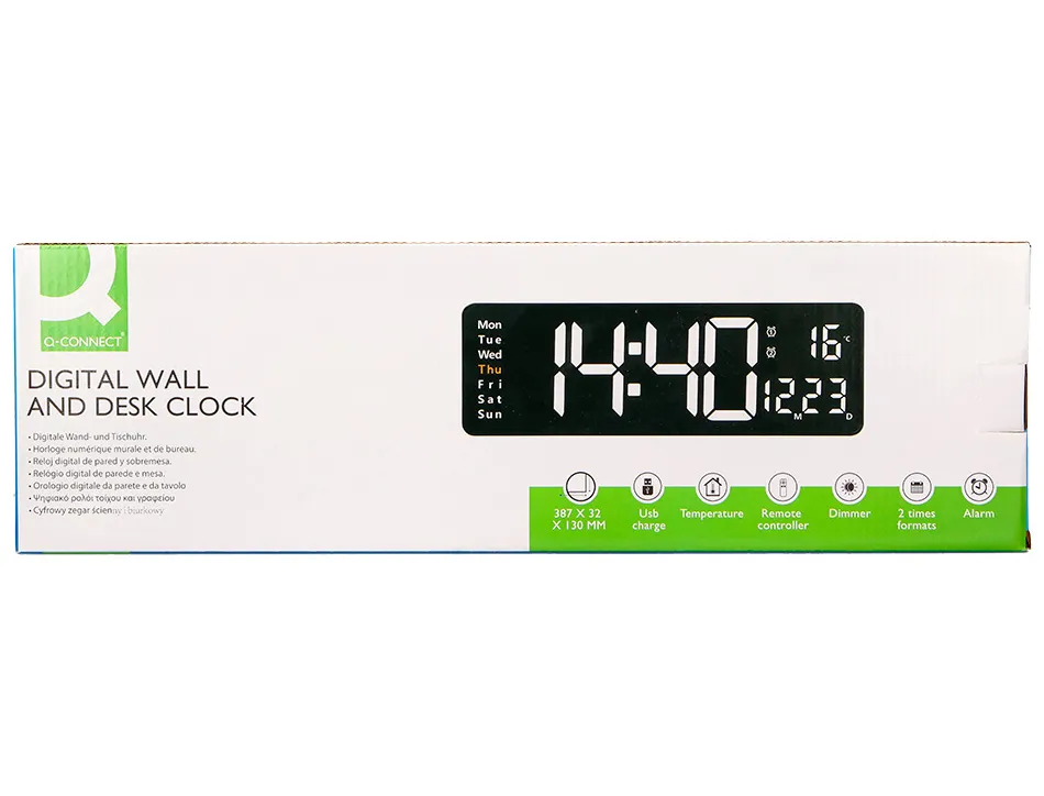 Horloge murale et de bureau q-connect num rique avec temperature et telecommande dimensions 387x33x130mm