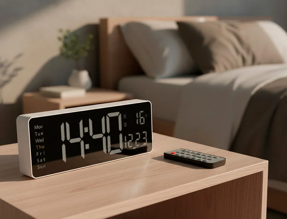 Horloge murale et de bureau q-connect num rique avec temperature et telecommande dimensions 387x33x130mm
