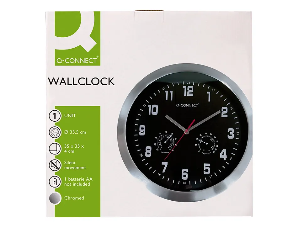 Horloge q-connect murale metallique mouvement silencieux diametre 35 cm coloris noir