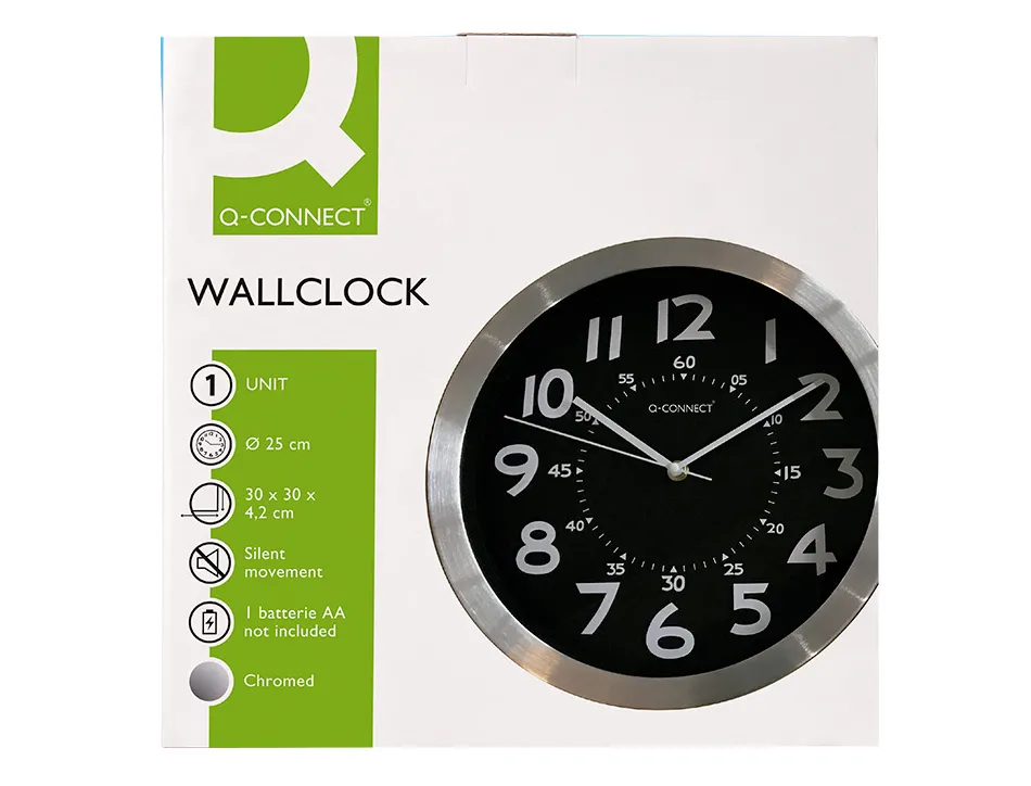 Horloge q-connect murale metallique mouvement silencieux diametre 25 cm coloris chrome