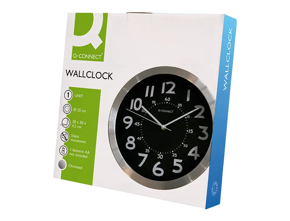 Horloge q-connect murale metallique mouvement silencieux diametre 25 cm coloris chrome