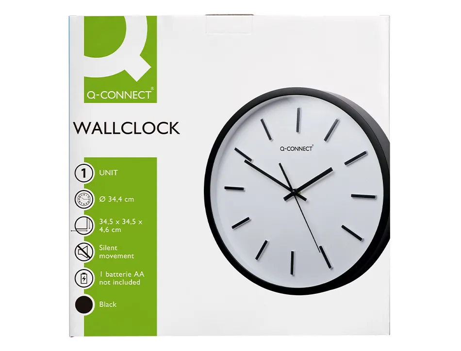 Horloge q-connect murale plastique diametre 34,4cm silencieux coloris noir