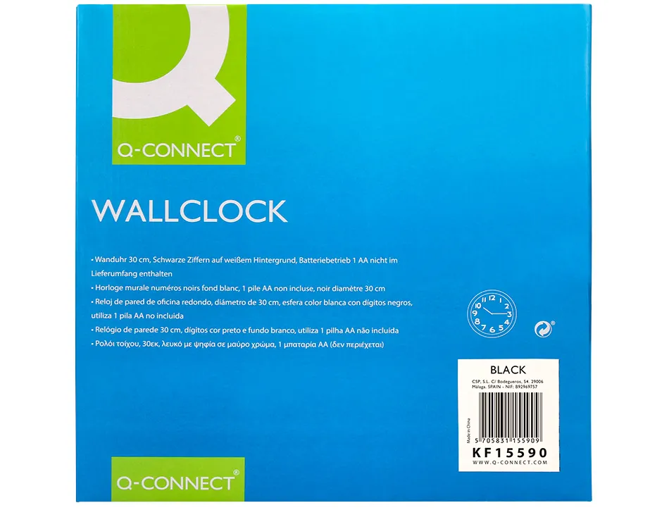 Horloge q-connect murale plastique design actuel numéros noirs fond blanc 1 pile aa non fournie diamètre 30cm noir