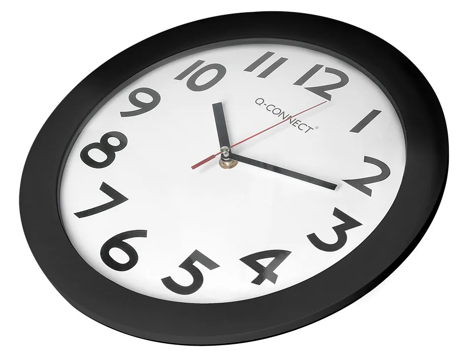 Horloge q-connect murale plastique design actuel numéros noirs fond blanc 1 pile aa non fournie diamètre 30cm noir