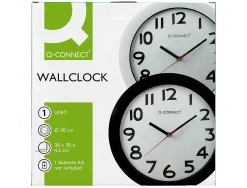 Horloge q-connect murale plastique design actuel numéros noirs fond blanc 1 pile aa non fournie diamètre 30cm noir