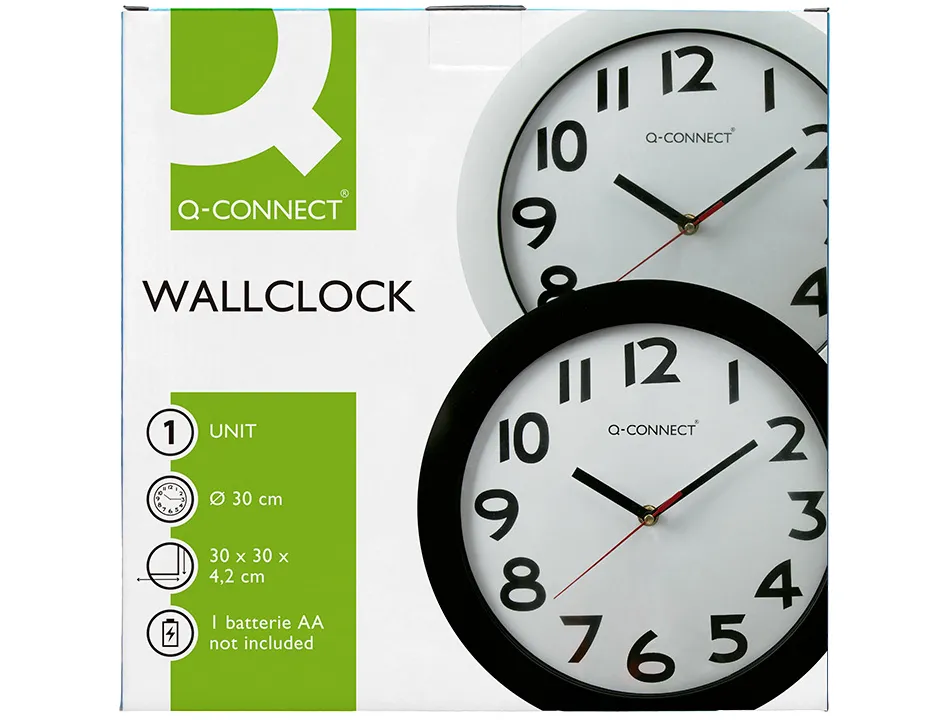 Horloge q-connect murale plastique design actuel numéros noirs fond blanc 1 pile aa non fournie diamètre 30cm noir