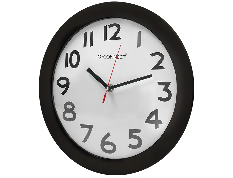 Horloge q-connect murale plastique design actuel numéros noirs fond blanc 1 pile aa non fournie diamètre 30cm noir