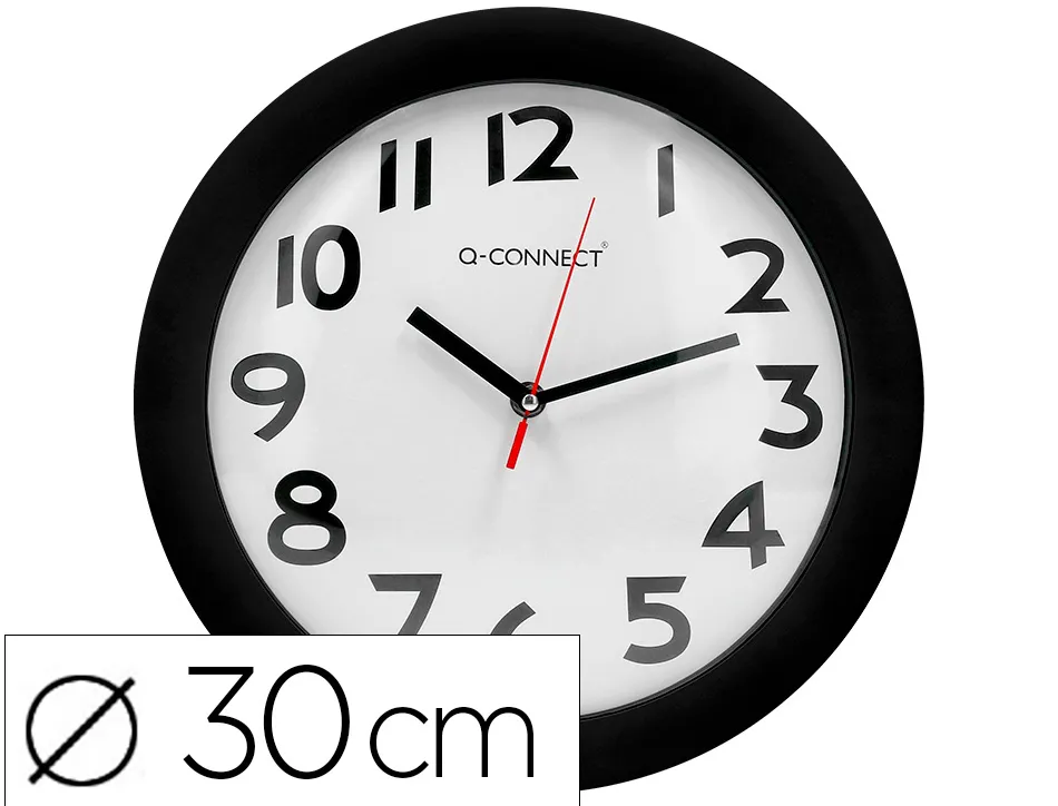Horloge q-connect murale plastique design actuel numéros noirs fond blanc 1 pile aa non fournie diamètre 30cm noir