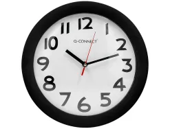 Horloge q-connect murale plastique design actuel numéros noirs fond blanc 1 pile aa non fournie diamètre 30cm noir
