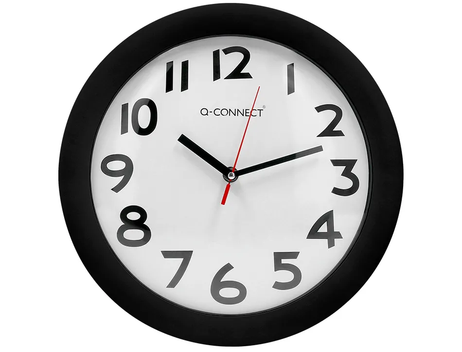 Horloge q-connect murale plastique design actuel numéros noirs fond blanc 1 pile aa non fournie diamètre 30cm noir